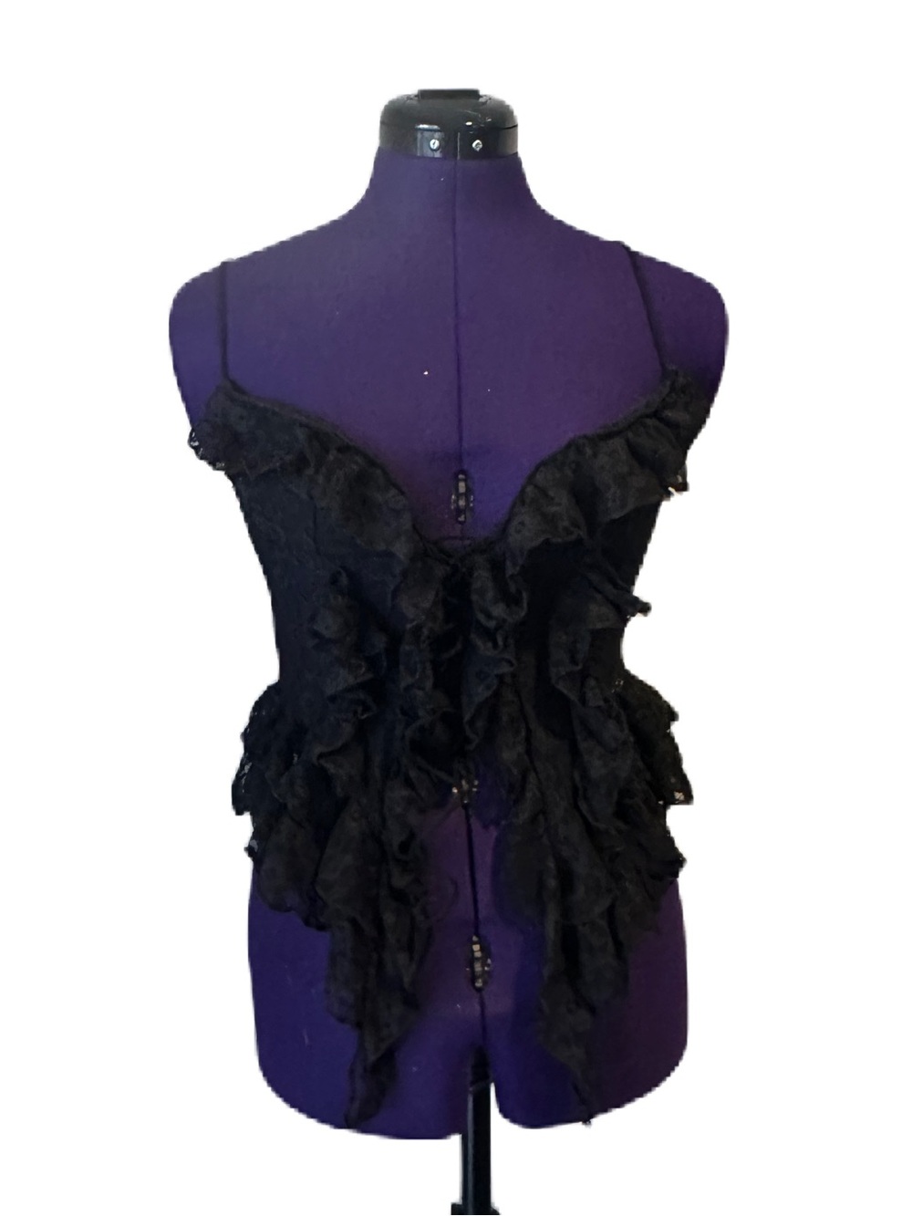 Shein Black Sheer Lace Ruffle Lace Up Top